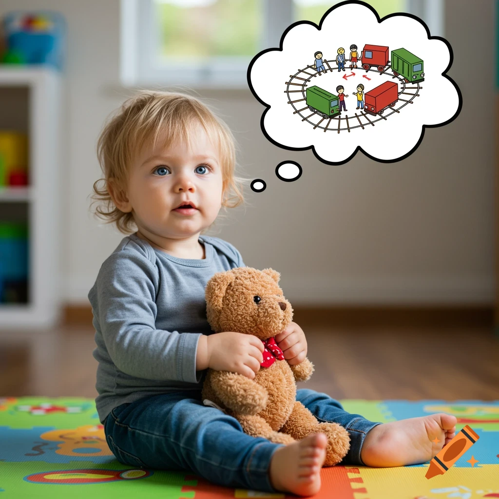 Photorealistic image of a toddler holding a teddy bear, with a cartoon thought bubble depicting toy trains and figures.