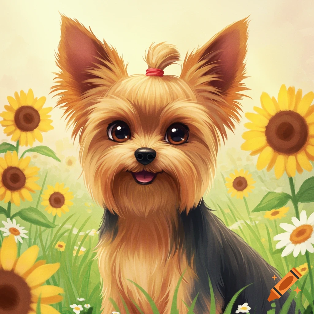 Cartoon Yorkshire Terrier in a field of sunflowers