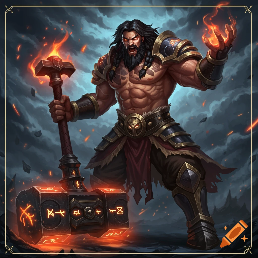 A muscular fantasy warrior with a glowing hammer shouts under a stormy sky.
