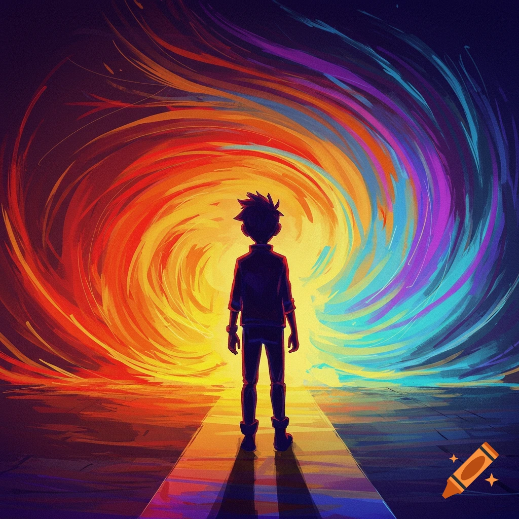 Silhouette of a figure standing before a swirling vortex of colorful light.