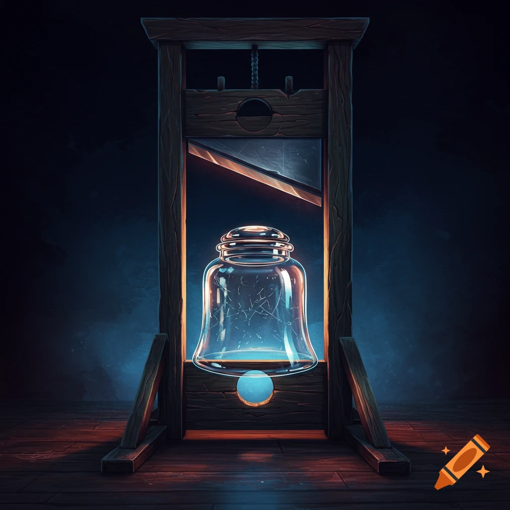A bell jar sits inside a guillotine.