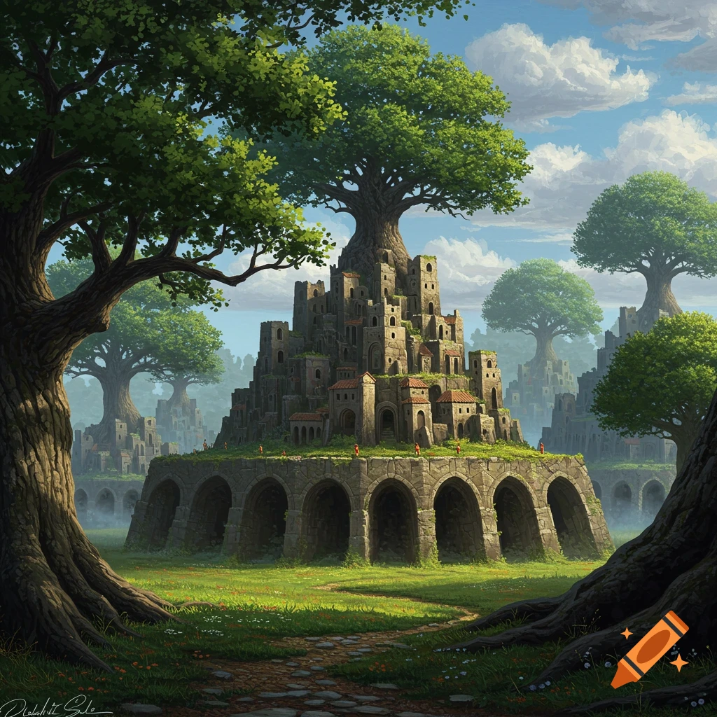 A fantasy city built from stone and roots on a large arched base, surrounded by giant trees in a landscape.