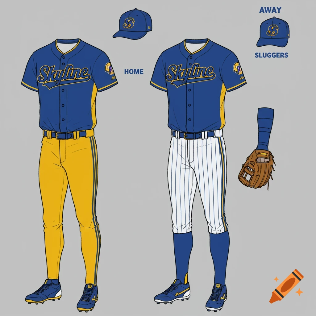 Home and away baseball uniforms with Skyline branding, including jerseys, pants, hats, and glove.