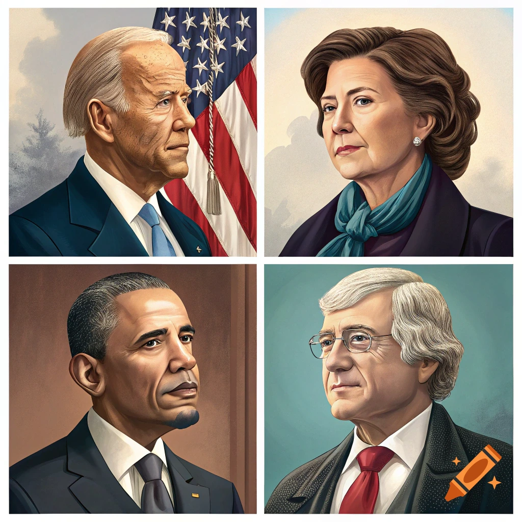 Four illustrated portraits in a grid: Joe Biden, a woman, Barack Obama, and an older man.