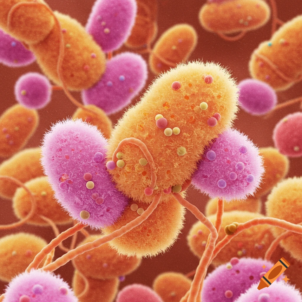 Magnified pink and orange yeast-like organisms with fuzzy texture and tendrils.
