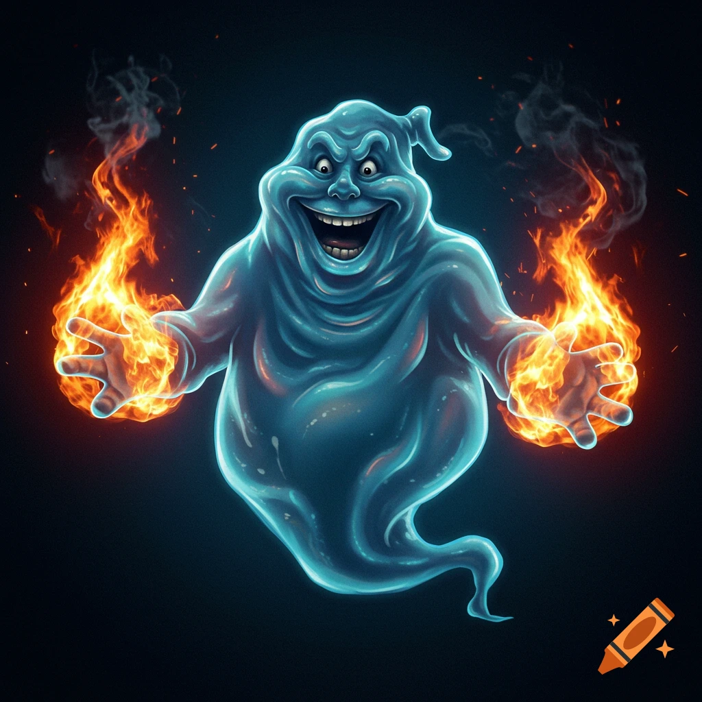 Cartoon blue ghost with flames on its hands.