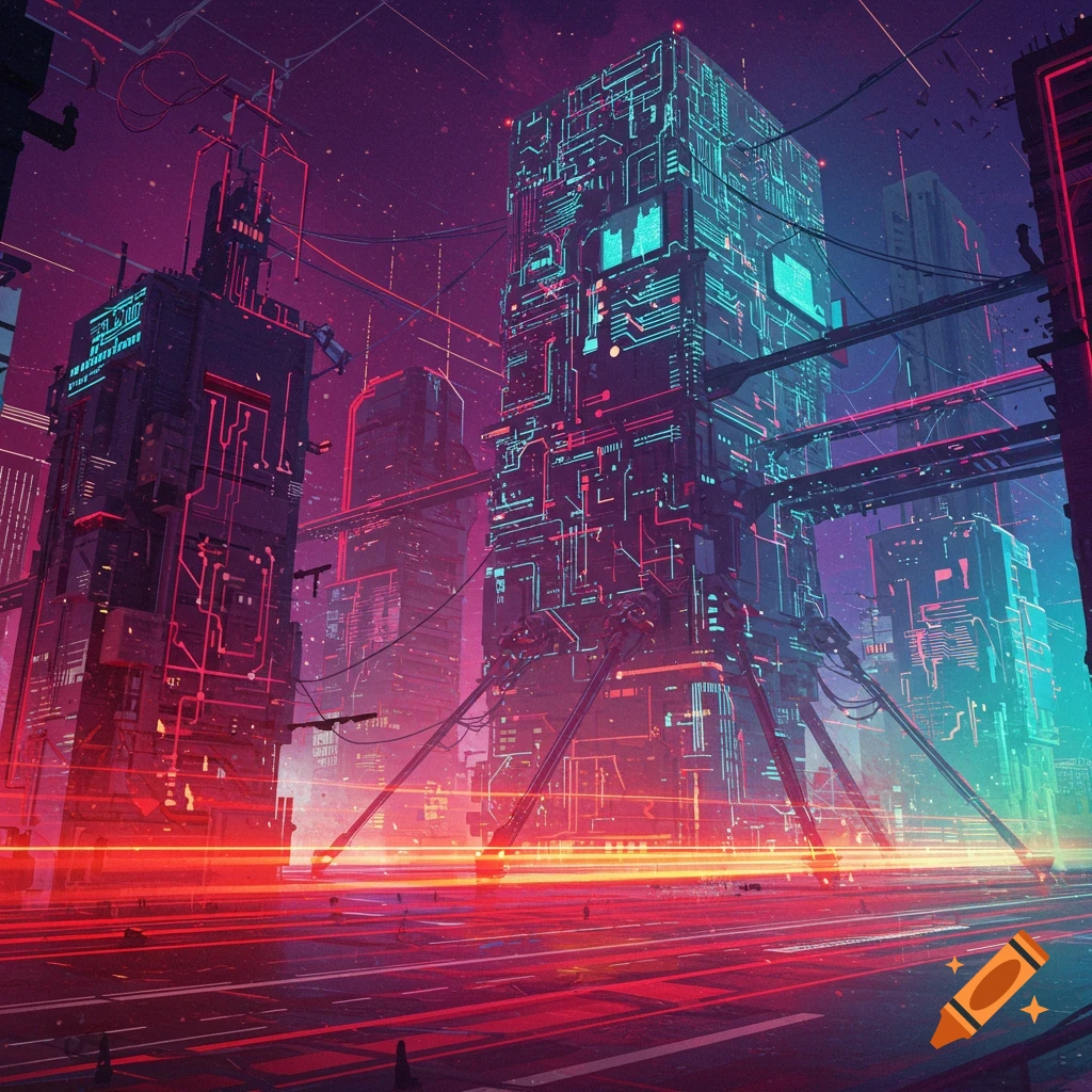 A futuristic cyberpunk city at night with glowing buildings and streaking lights.