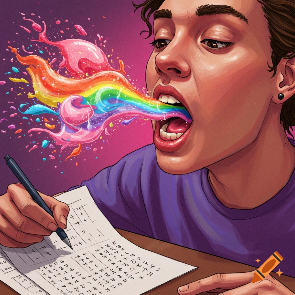 A person writing on a paper with a rainbow flow erupting from their mouth.