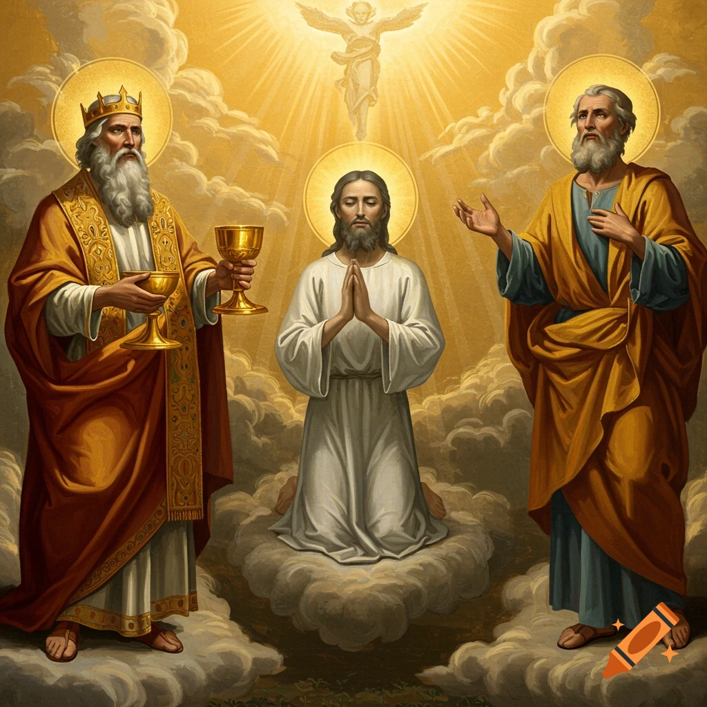 Three biblical figures, including Jesus and Melchizedek, stand on clouds with light rays and an angel above.