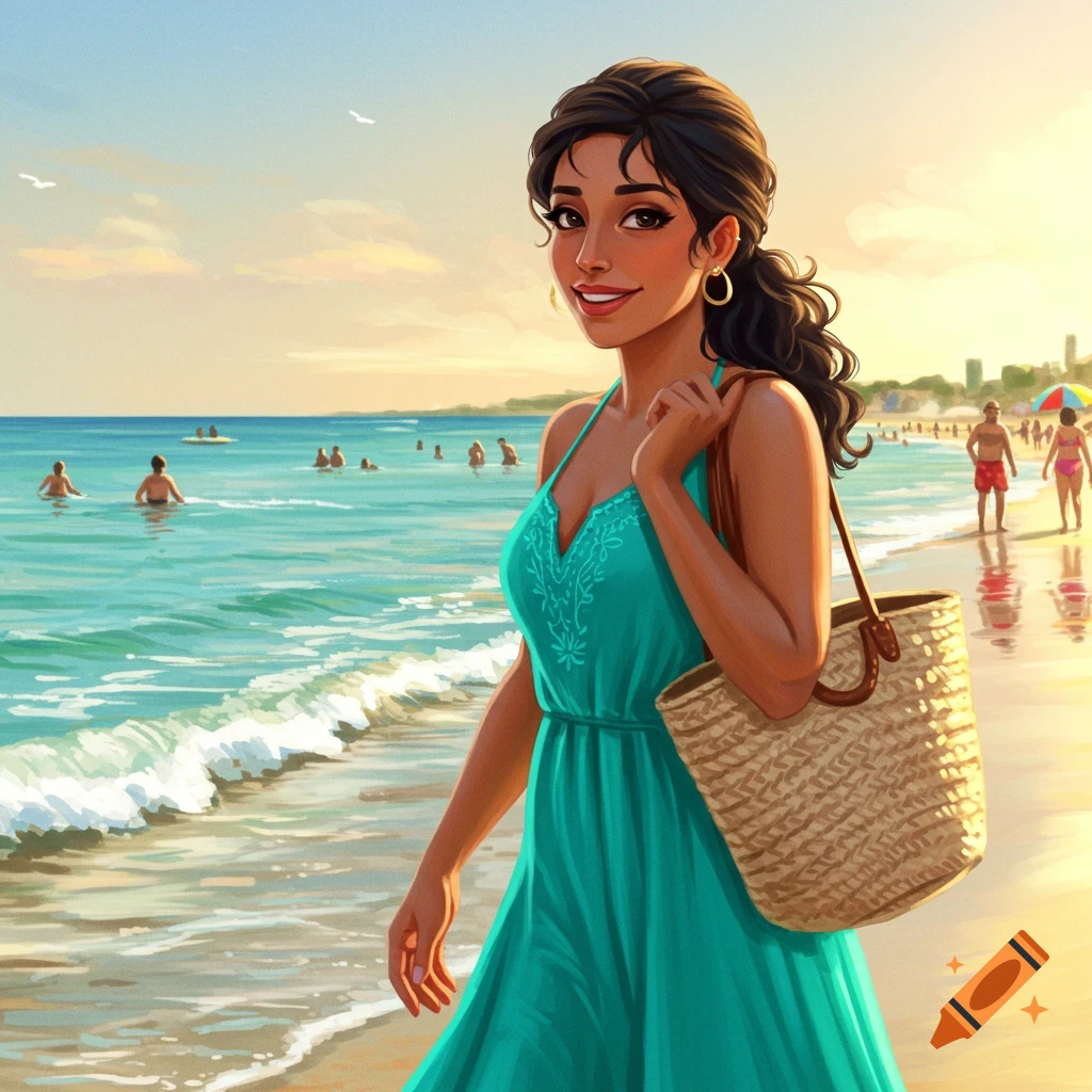 Woman in a teal dress walking on a beach.