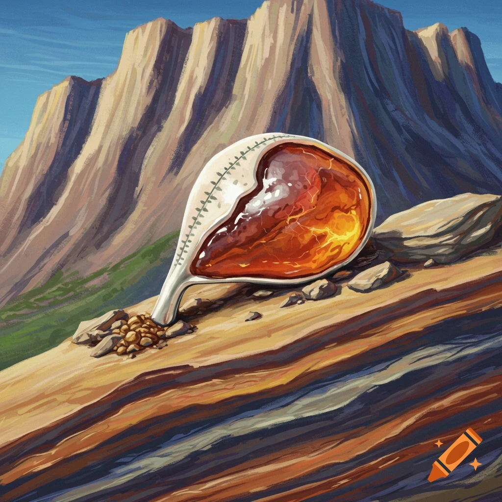 Stylized organic form on a layered slope against mountains, filled with glowing liquid.