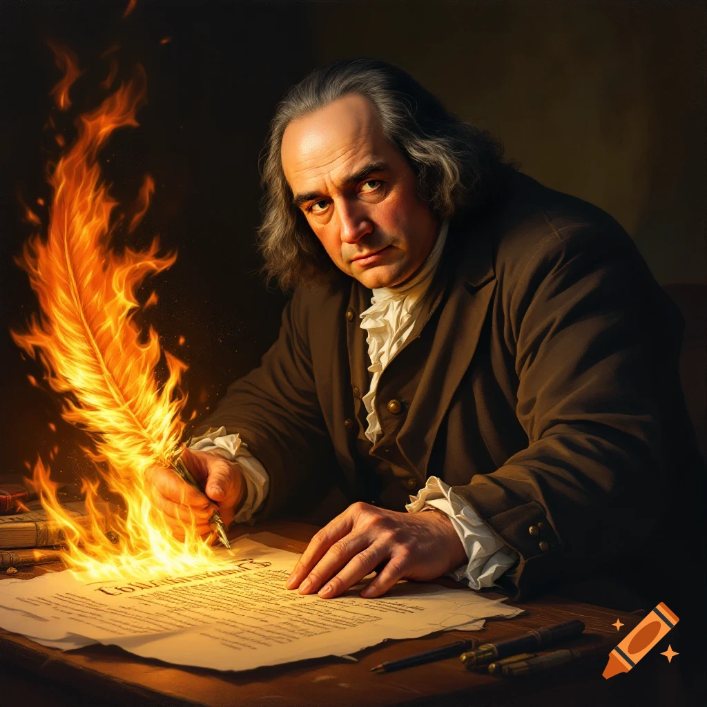 Benjamin Franklin writing with a fiery quill on a document.
