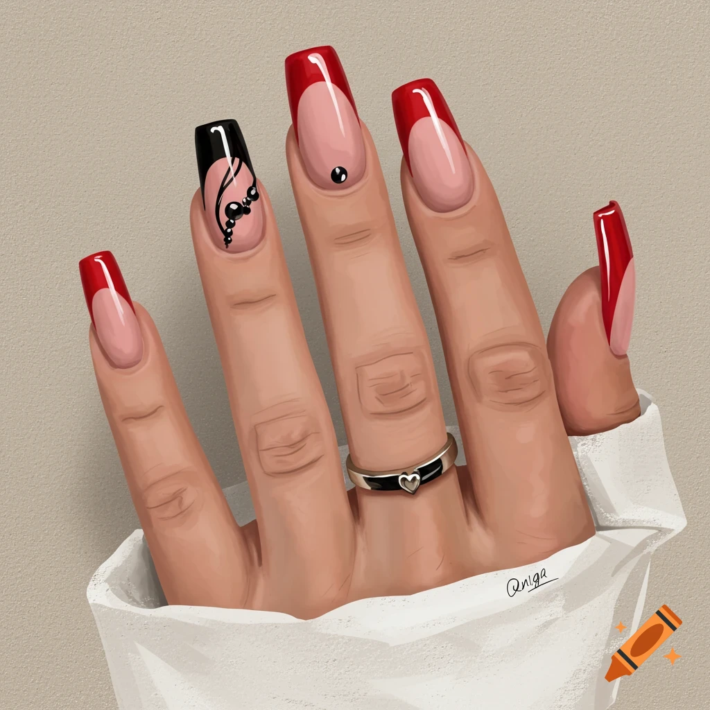 A hand with red and black French tip nails and a ring.