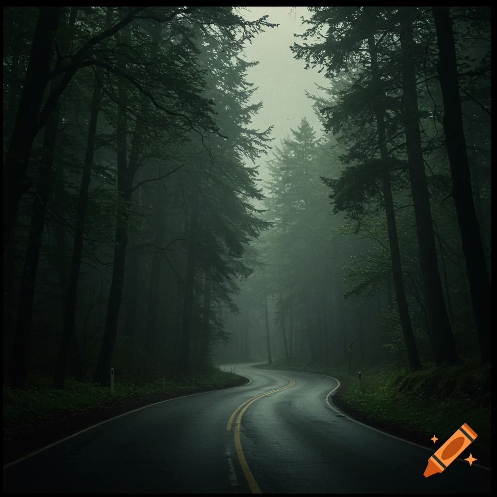 A winding road through a dark, misty forest.