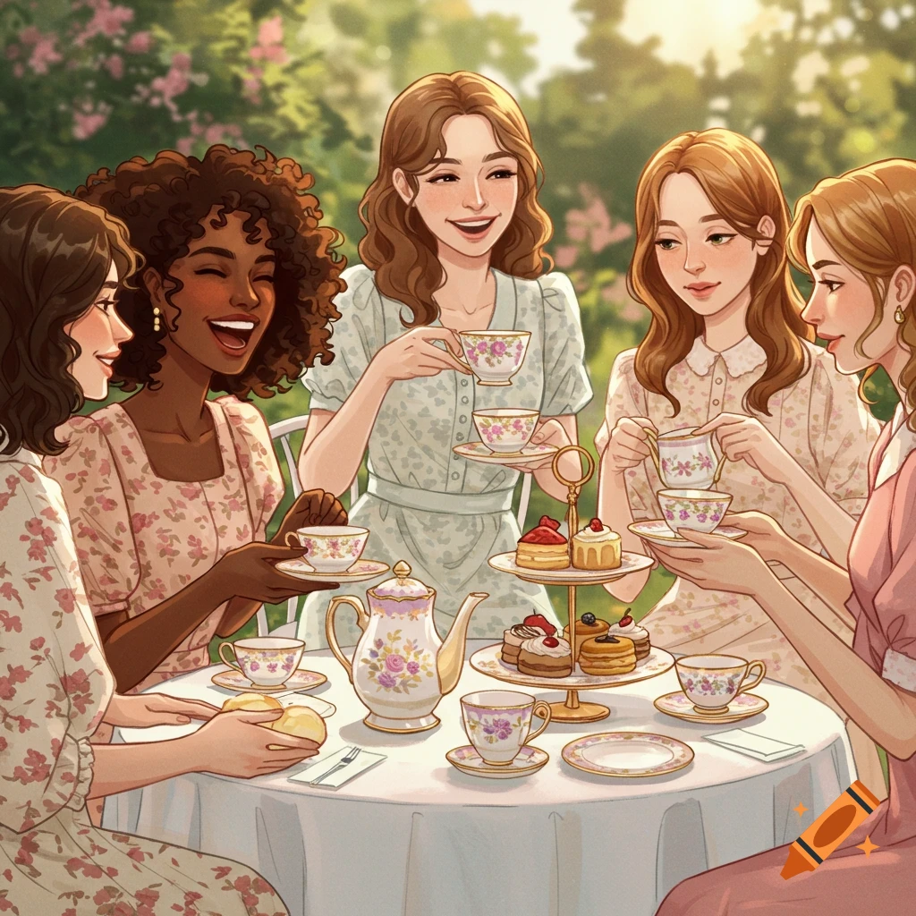 Women enjoy tea, cakes, and pastries at a garden table.