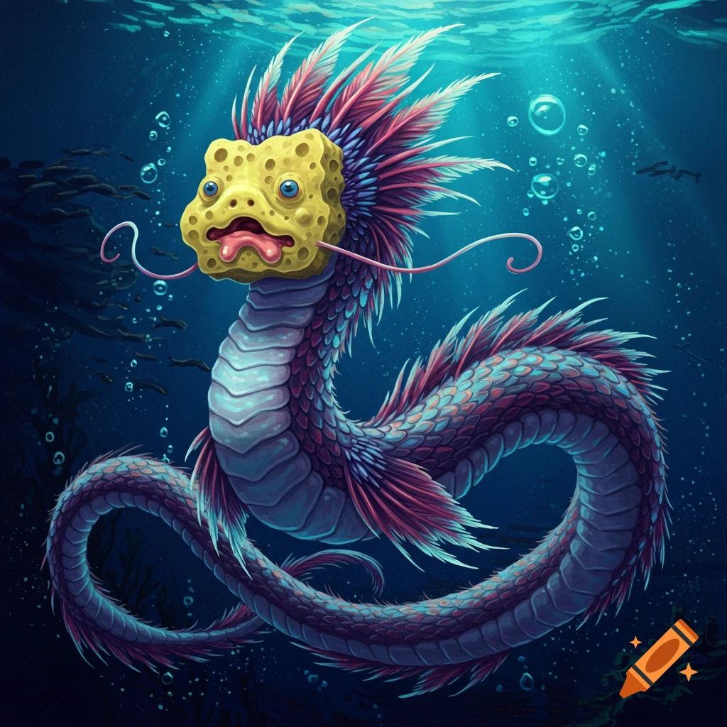 A feathered sea serpent with a spongy, blob-like face swims underwater.