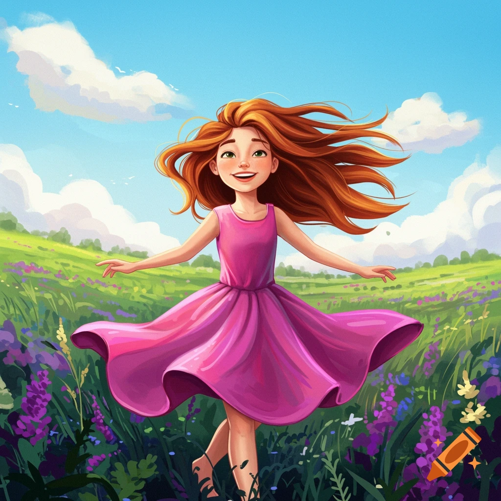 A joyful girl with flowing red hair dancing in a field of wildflowers.