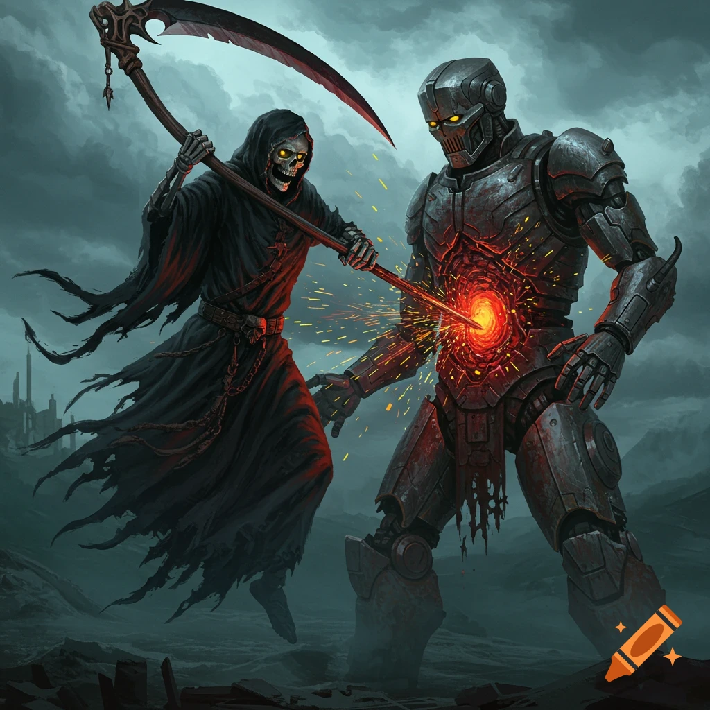 Death plunging his scythe into a robot's chest, sparks flying, against a stormy sky.