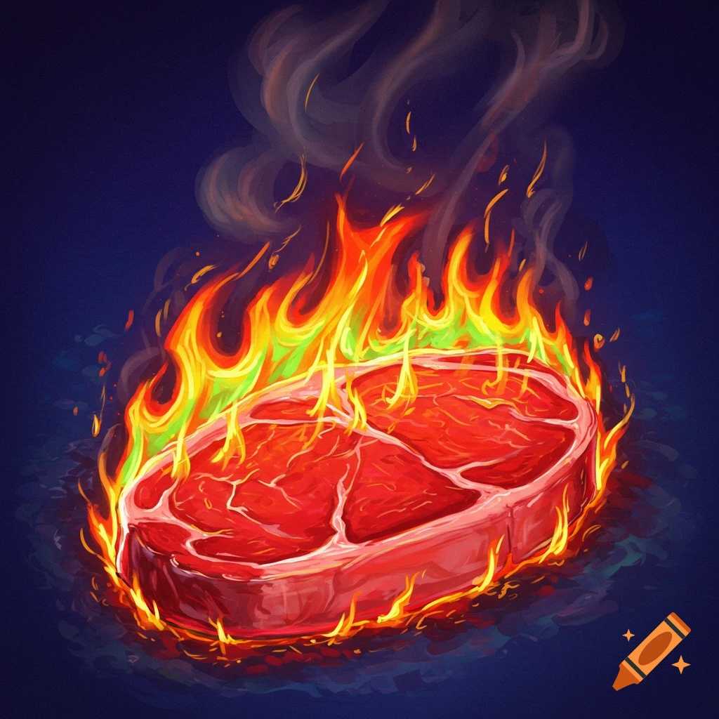 A steak on fire with colorful flames and smoke.
