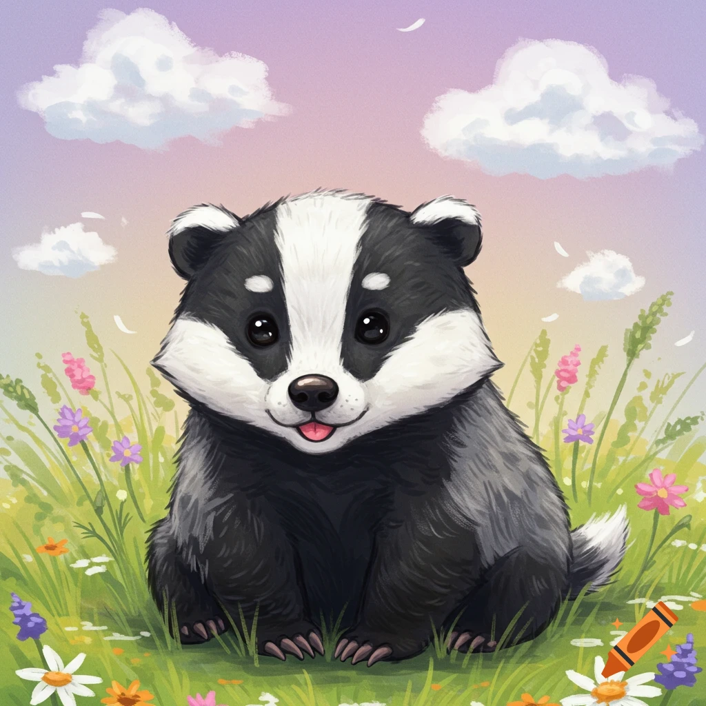 A cute badger sitting in a field of grass and flowers.