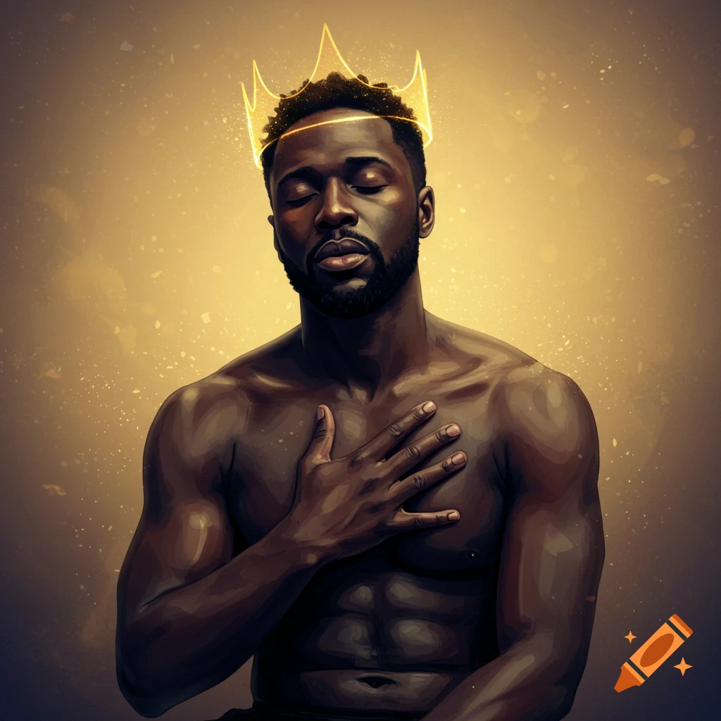 A man wearing a golden crown, hand over heart, against a golden background