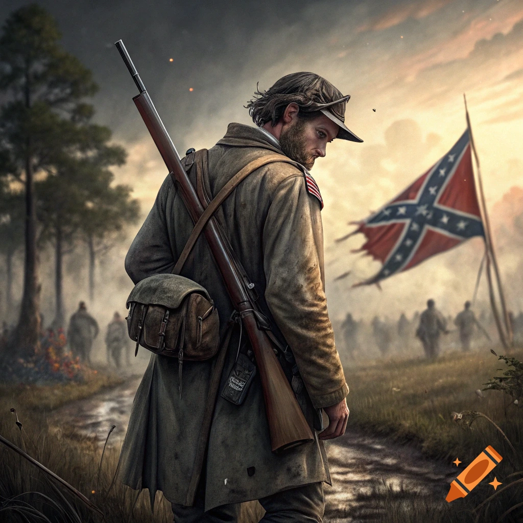 A Confederate soldier walks away from a battlefield with a rifle, a tattered flag behind him.