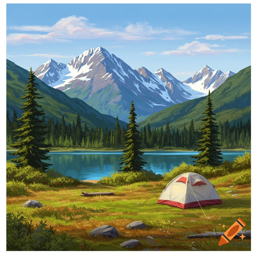 A tent is pitched by a lake, with mountains in the background.