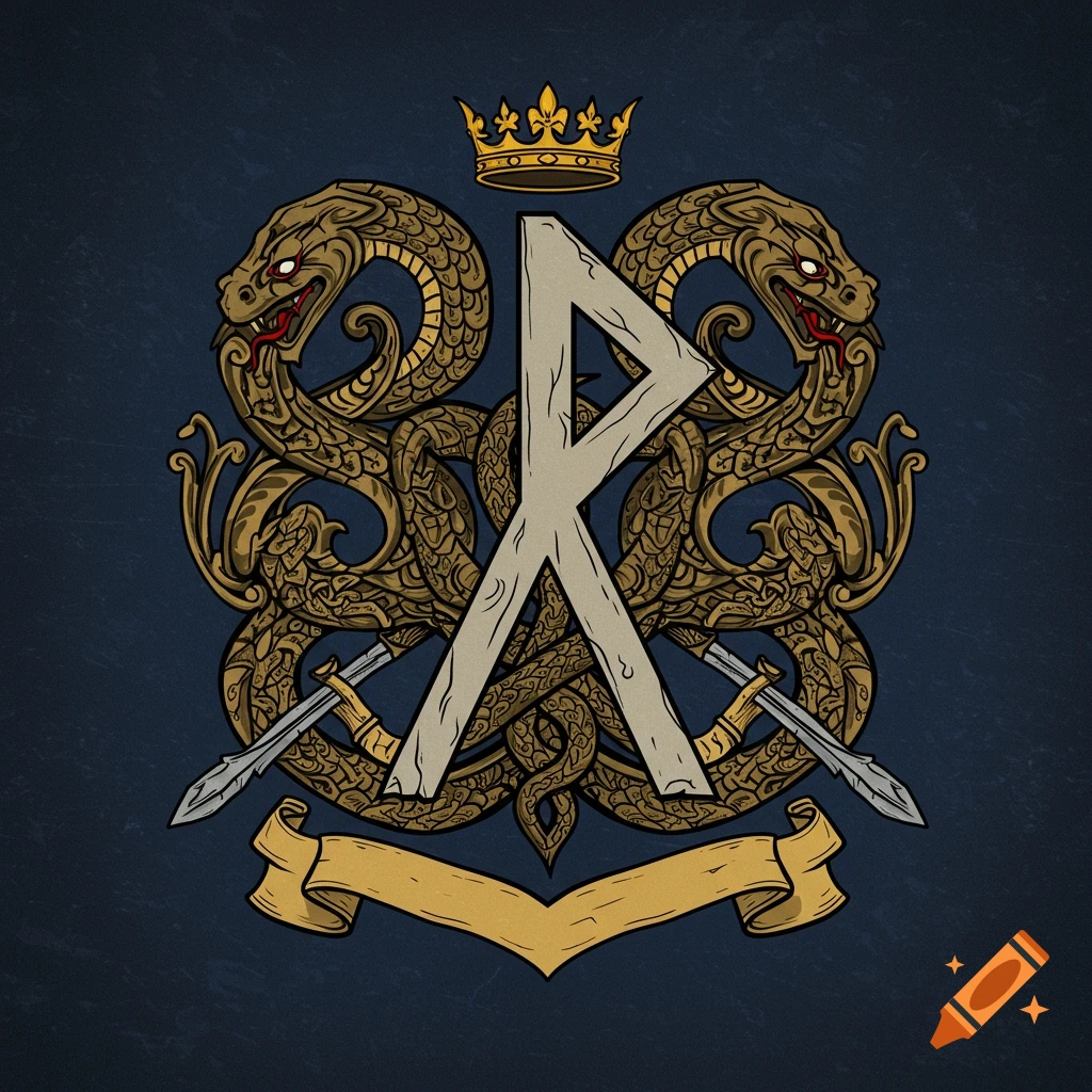 Viking style family crest illustration with a Tiwaz rune, entwined serpents, swords, crown, and banner.