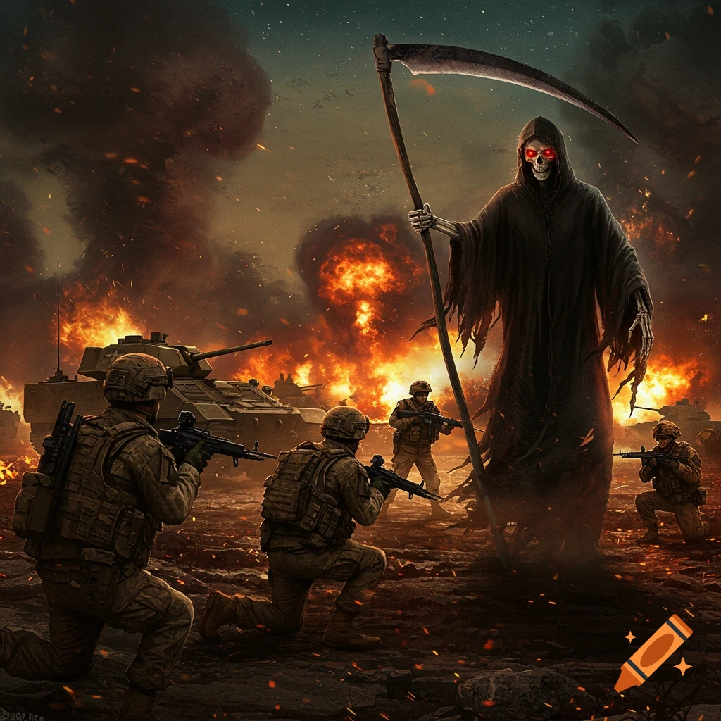 Death with a scythe standing among soldiers and tanks in a battle scene.