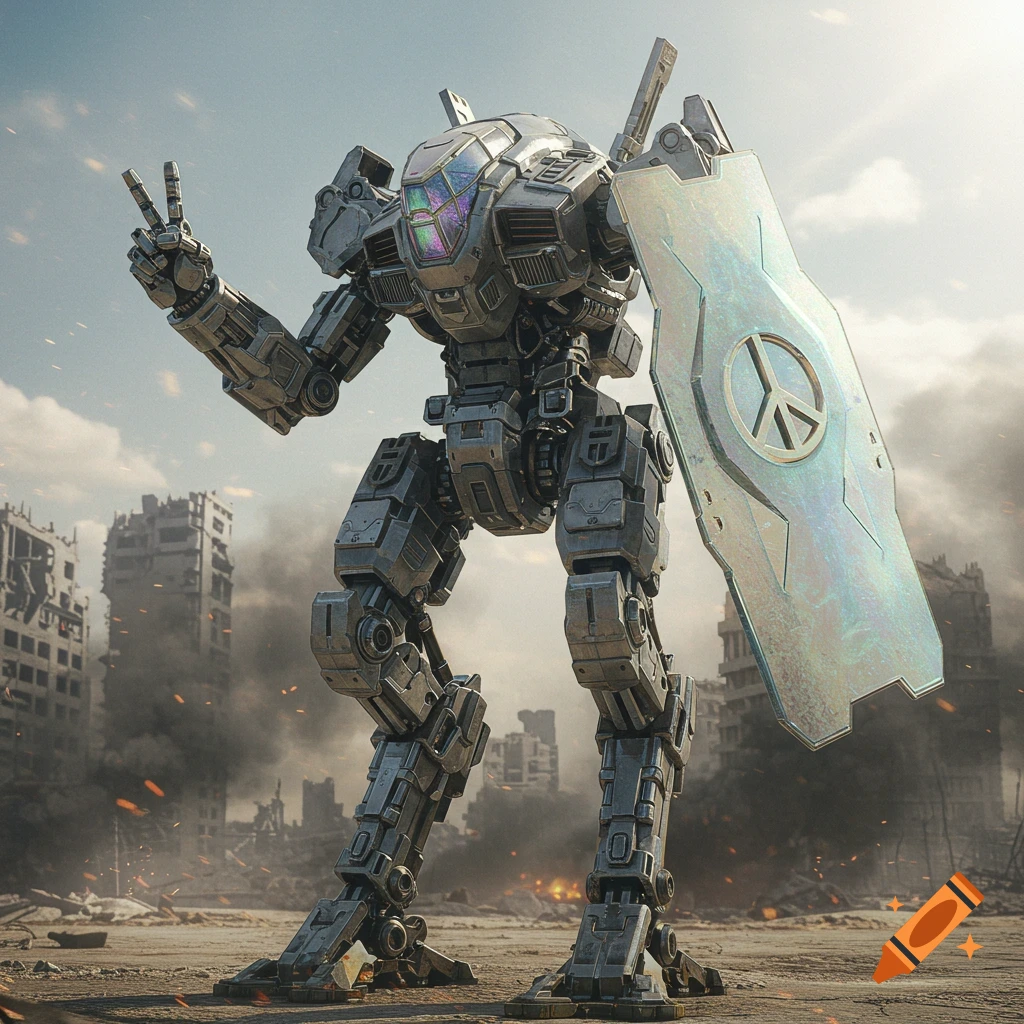 A large detailed mech robot stands in a ruined city, giving a peace sign and holding a shield with a peace symbol.