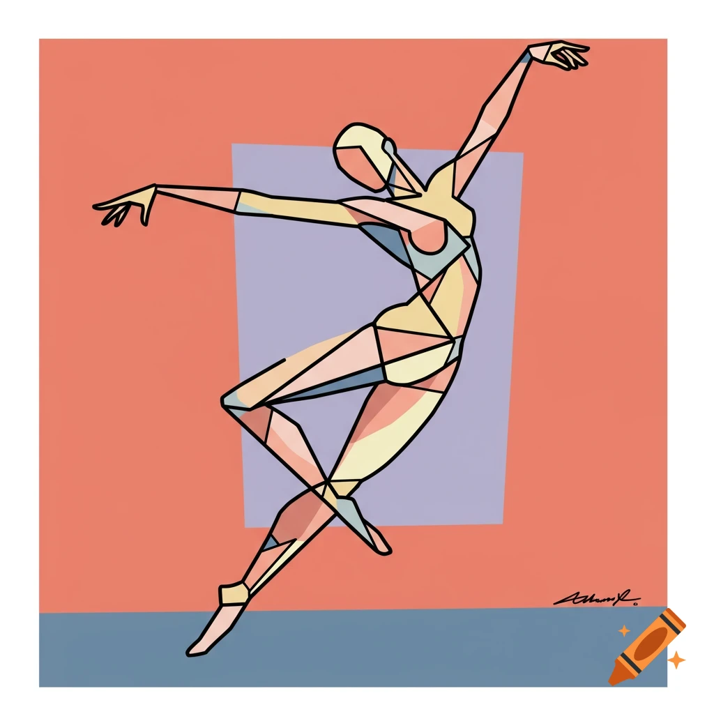 Abstract dancer in a dynamic pose using geometric shapes and pastel 1980s colors.