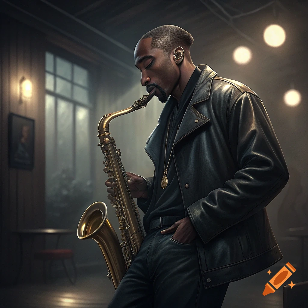 A man in a leather jacket plays a saxophone in a dimly lit room.