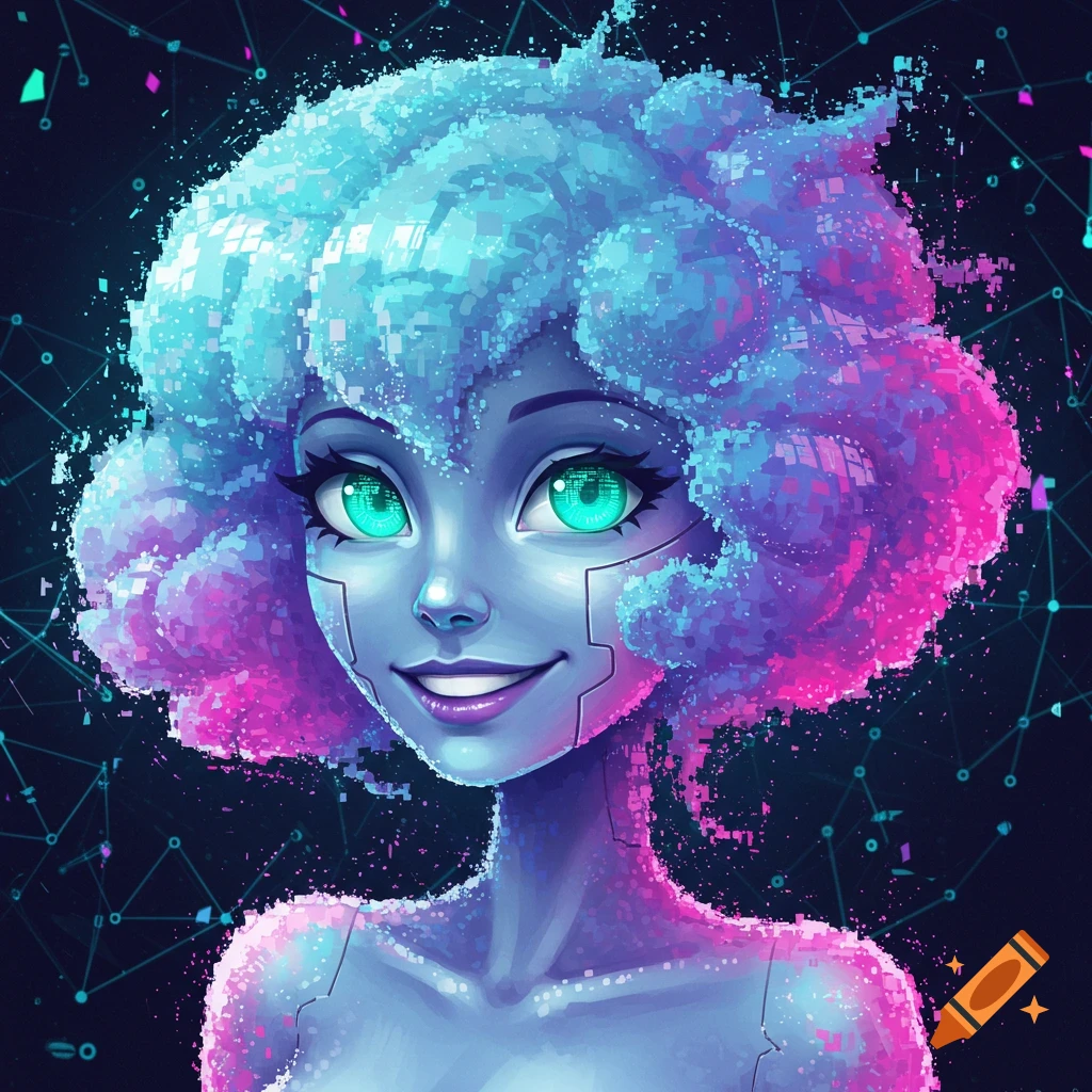 A virtual character with pixelated blue and pink hair, glowing green eyes, and cybernetic features.