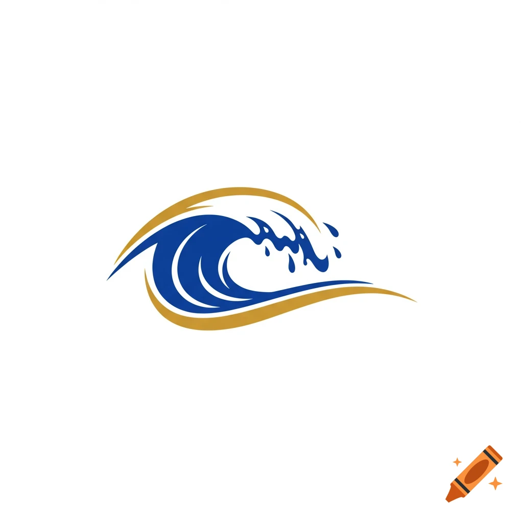 A logo featuring a stylized blue wave with white highlights, framed by curving gold lines.