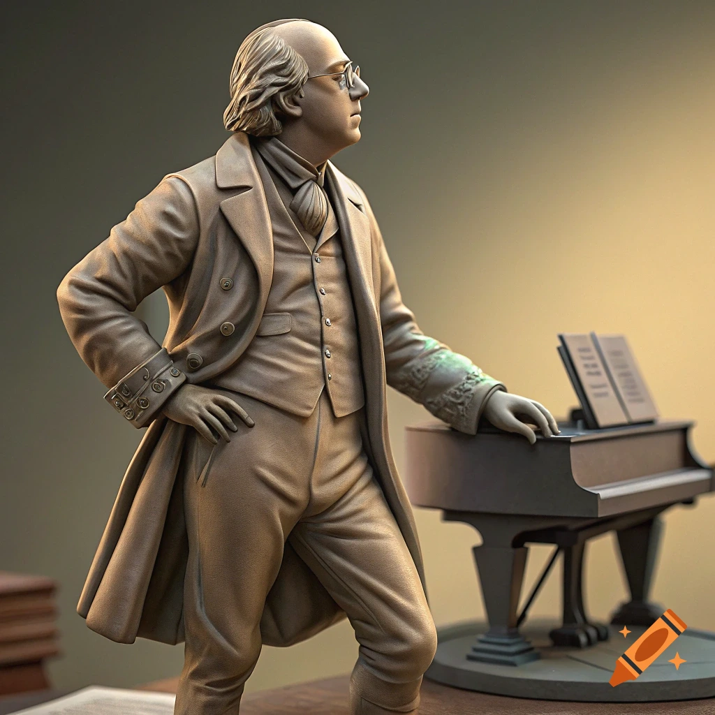 Sculpture of a historical figure standing next to a piano.