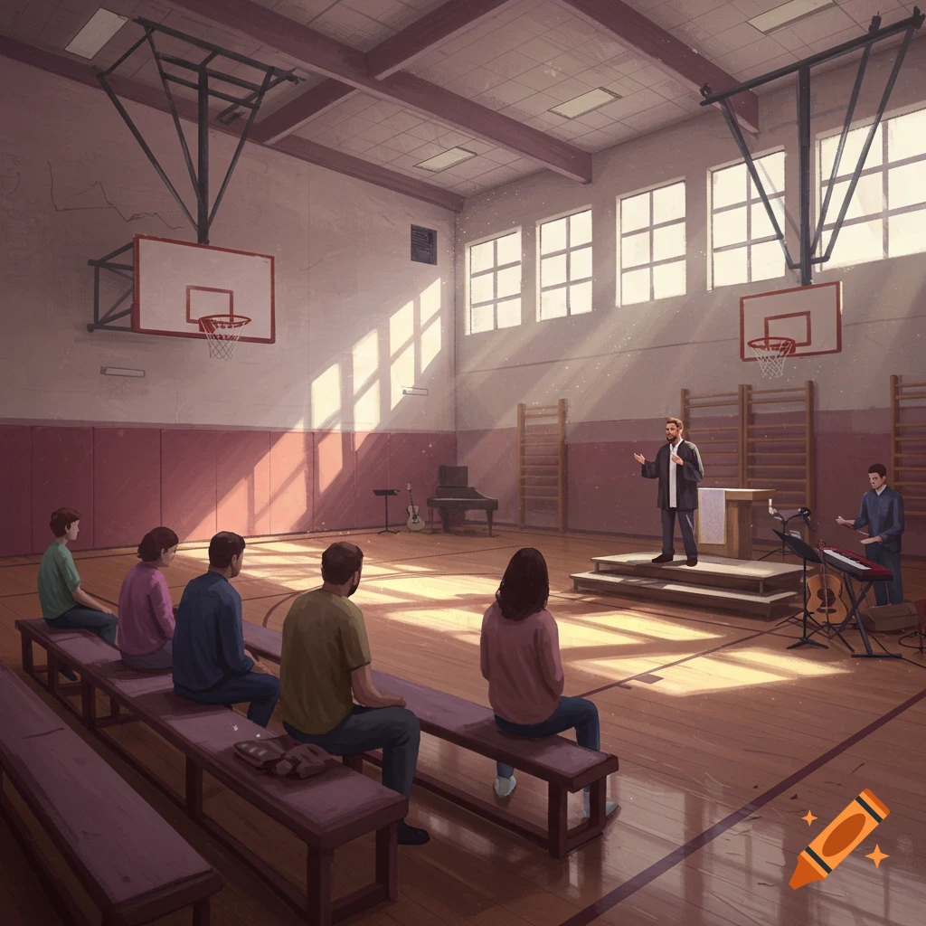 A small church service is taking place in a gym with a pastor speaking from a stage.