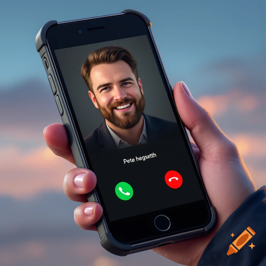 Hand holding a smartphone displaying a video call with a man on screen.