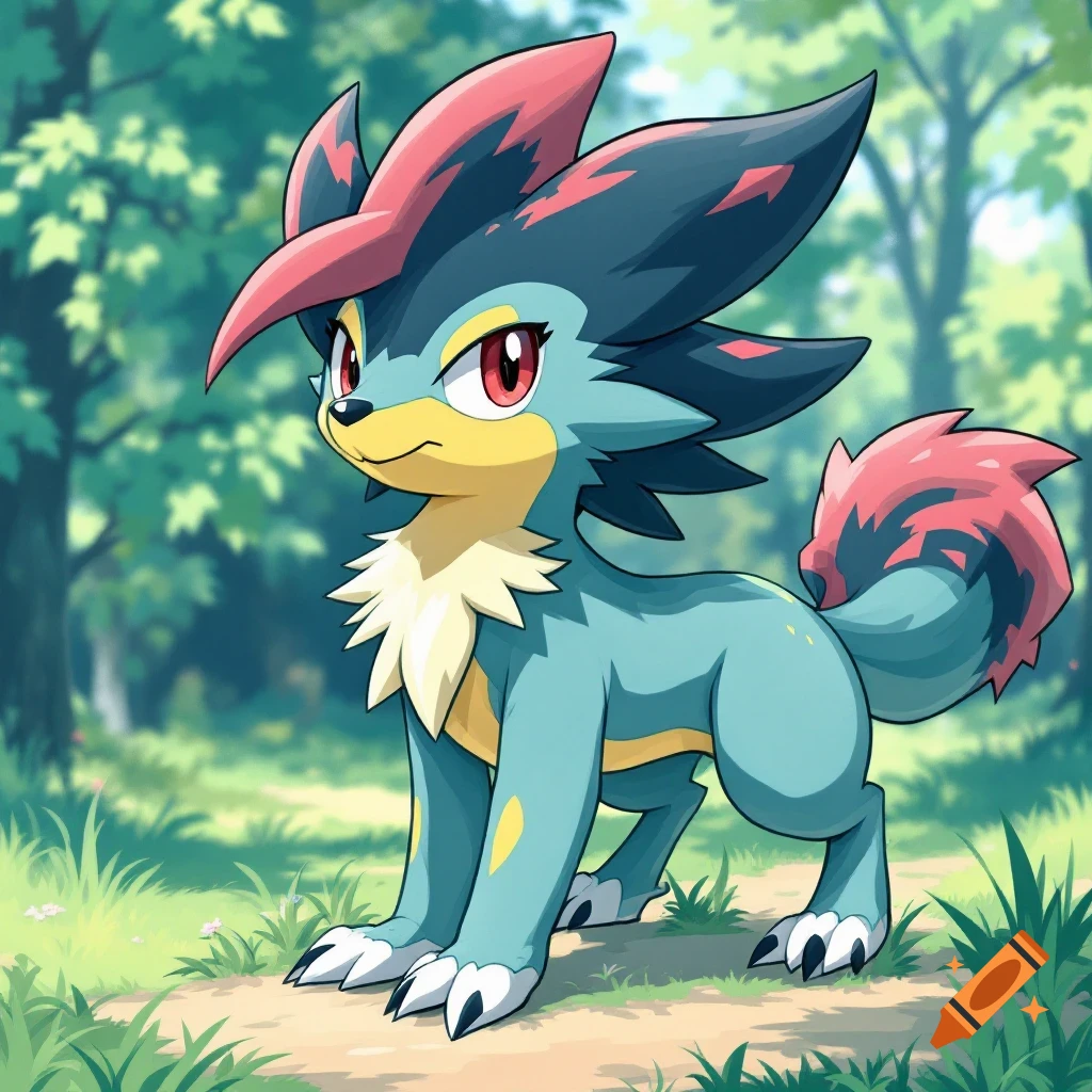 Cartoon creature resembling a pokemon standing in a forest
