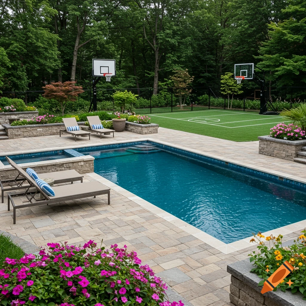 A luxury backyard featuring a swimming pool and a basketball court.