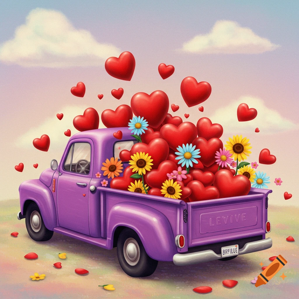 A purple pickup truck overflowing with red hearts and flowers.