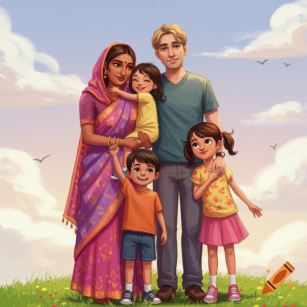 Illustration of a diverse family standing together outdoors on grass under a bright sky.