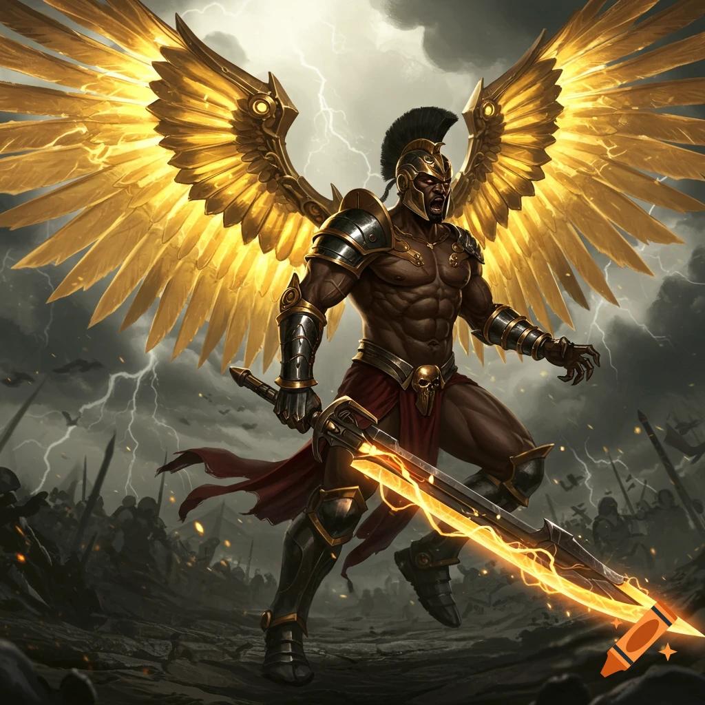 A muscular black gladiator with large golden wings and a glowing sword stands on a battlefield under stormy skies.