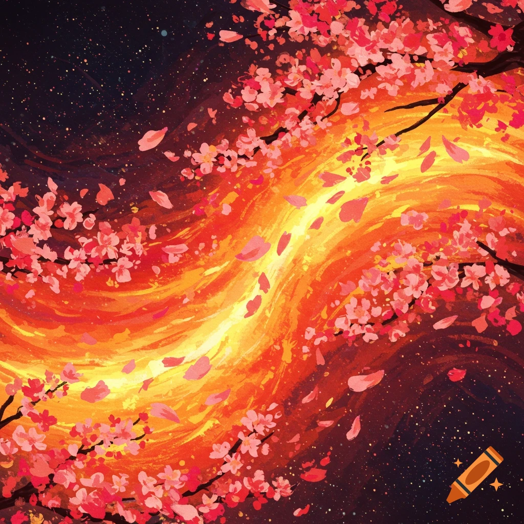 cherry blossoms and petals against a swirling fiery and starry sky.