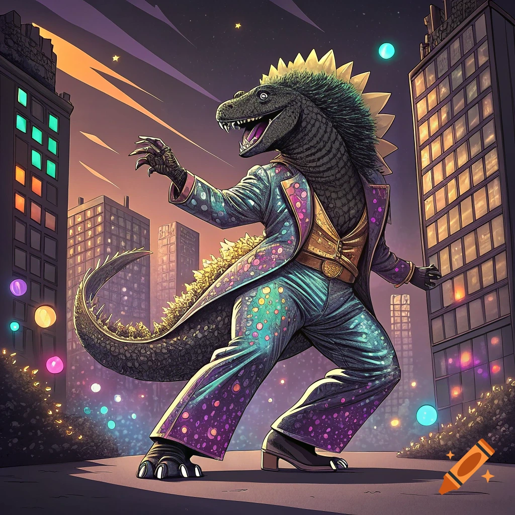 Godzilla-like monster in a sparkling disco suit dances on a city street at night.