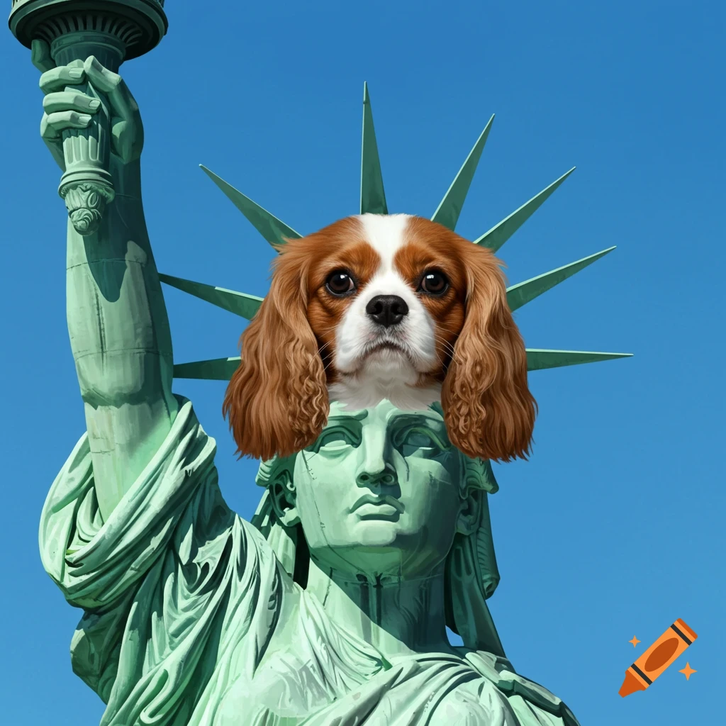 A King Charles Cavalier Spaniel head on the Statue of Liberty