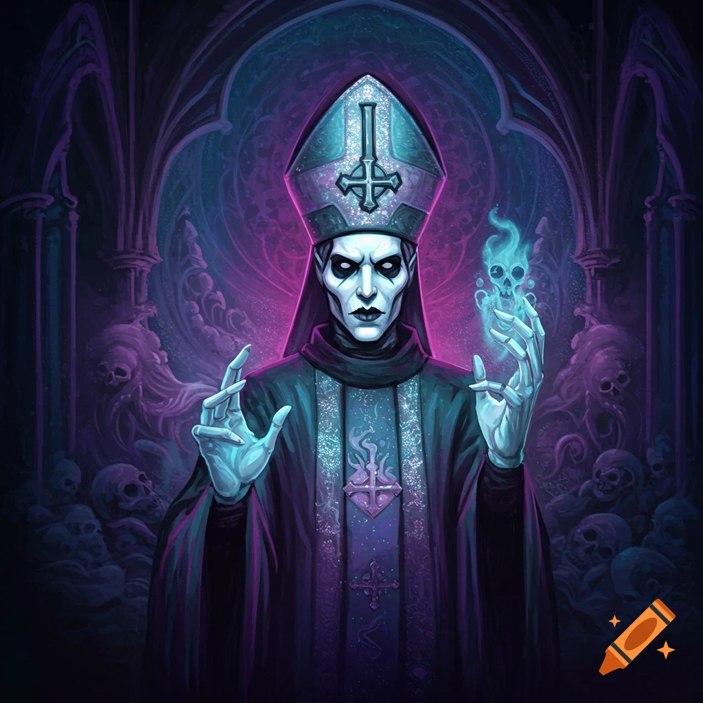 A dark bishop-like figure holding a glowing skull in a gothic setting.