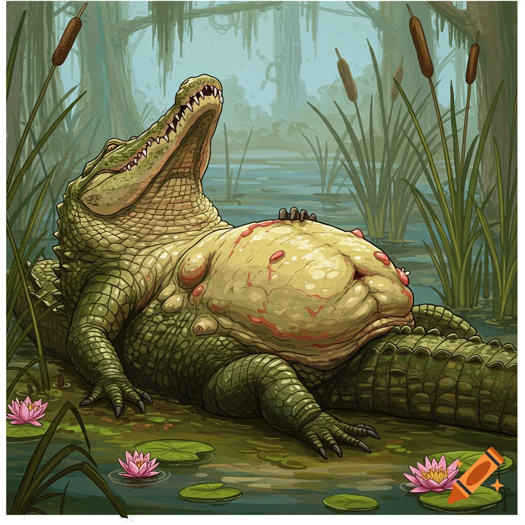 A large alligator with a swollen stomach is lying on its back in a swamp.
