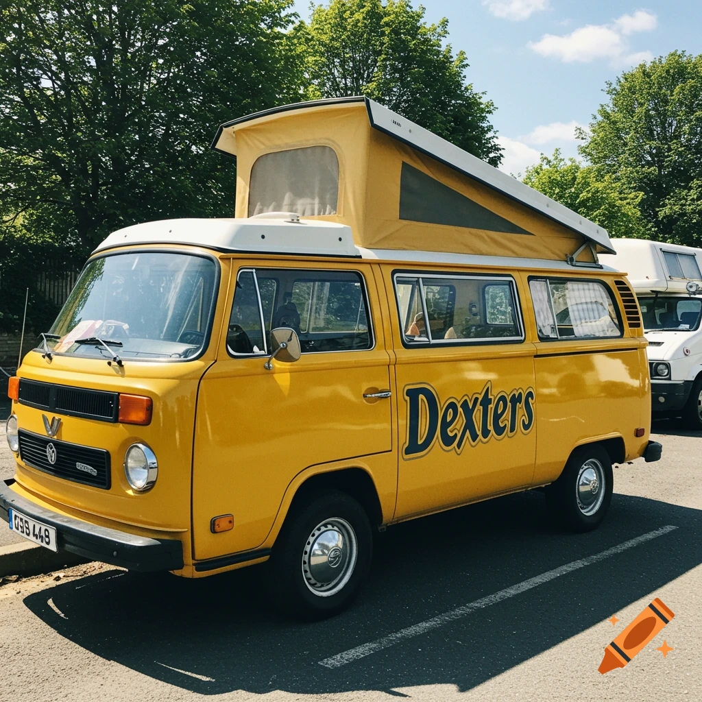 A yellow Volkswagen camper van with 'Dexters' written on the side is parked on a street.