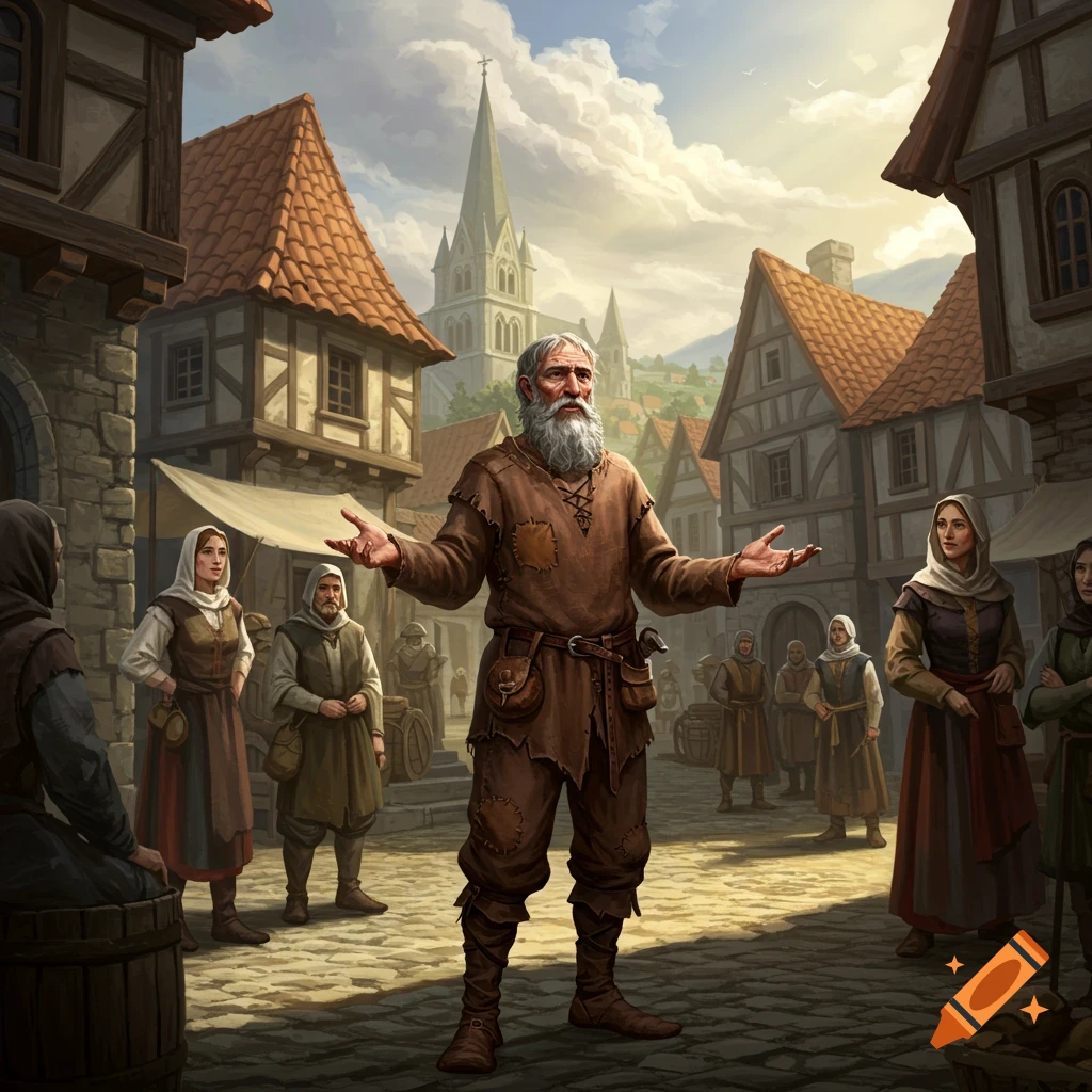 A man speaks in a medieval village square to villagers, with buildings and a church spire.