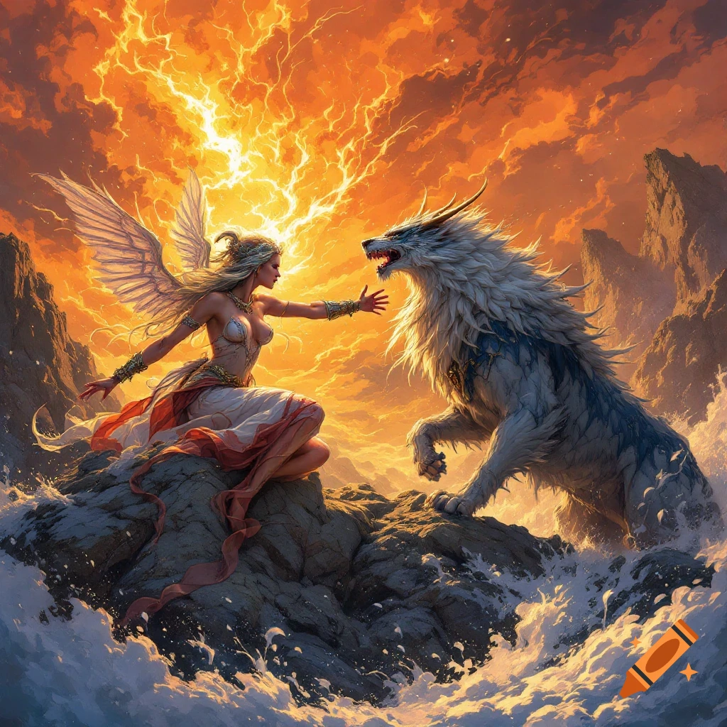 Winged woman reaches towards a giant wolf creature on rocks in a stormy ocean with lightning.